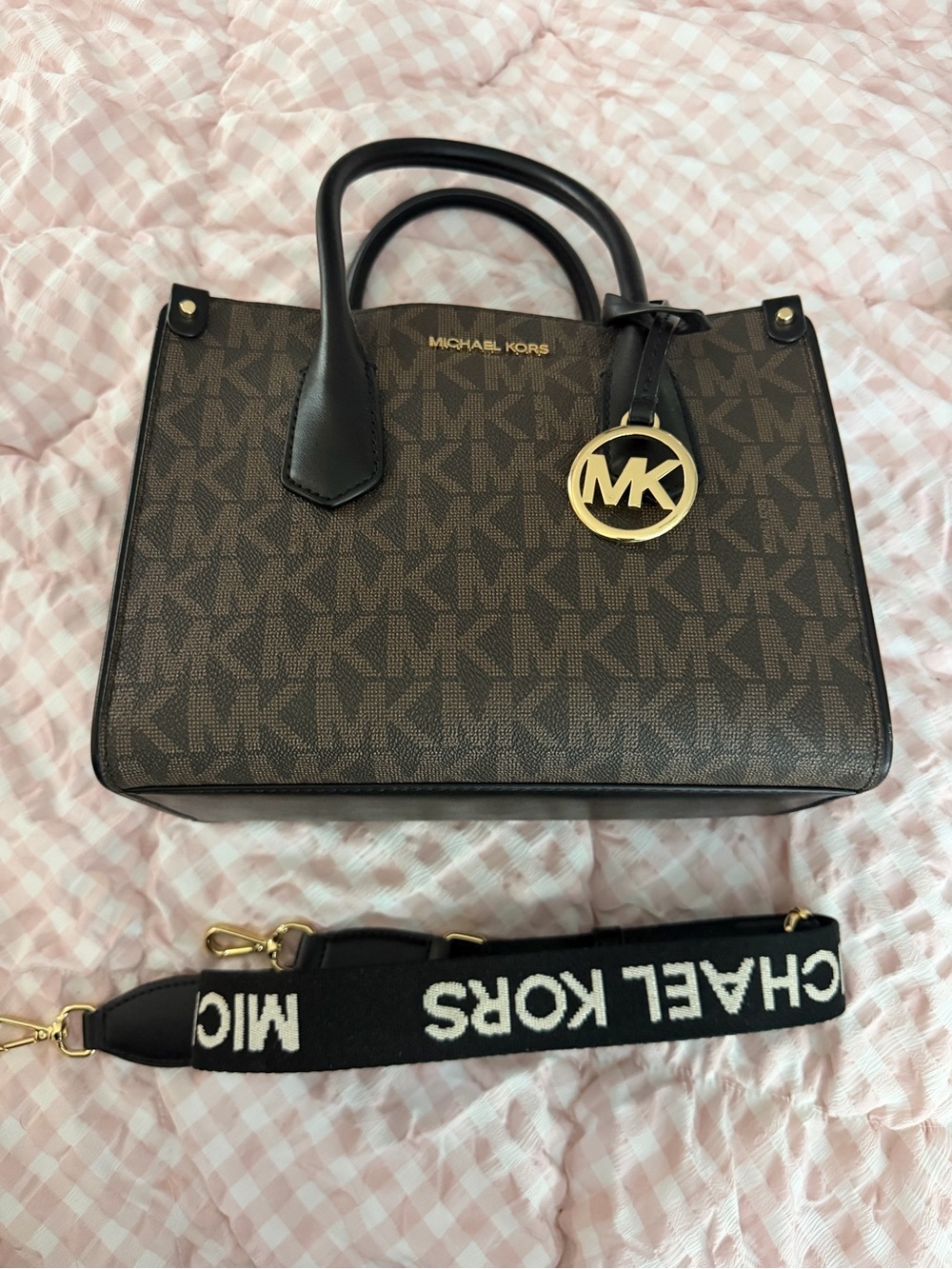 Michael Kors Brown Logo Satchel with Gold MK Charm